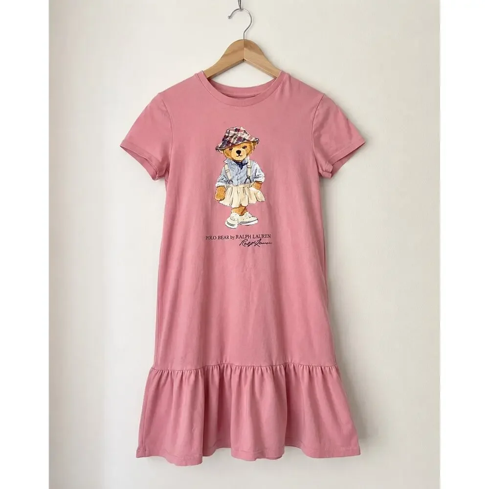 Polo Ralph Lauren Girls M 8-10 Pink Polo Bear Ruffle Hem T-Shirt Dress Cotton